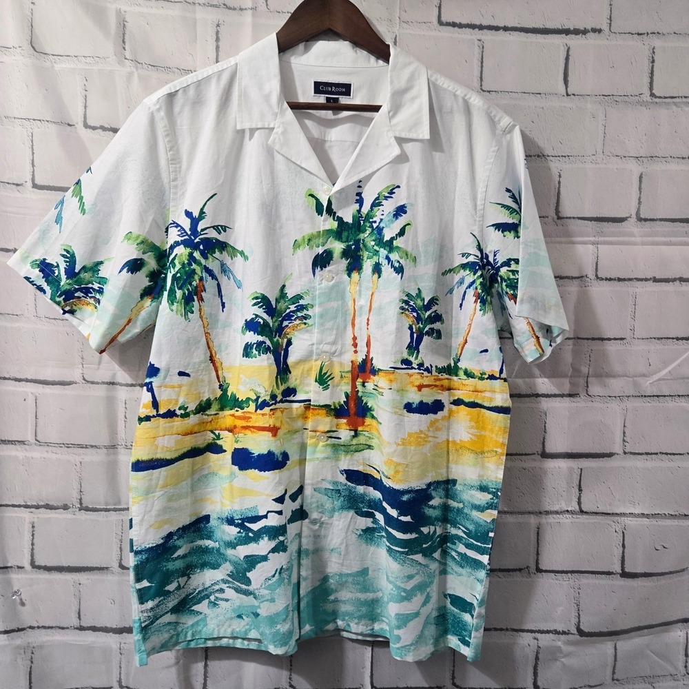 Club Room Mens Large Tropical Palm Tree Beach Print Cotton Camp Shirt White New